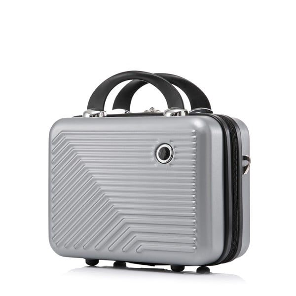 Set troler cabina cu geanta cosmetice, Quasar & Co.®, 55 x 39 x 23 cm, bagaj de mana, valiza cu cifru, maner telescopic lung, geamantan cu 4 roti duble silentioase 360°, 2 compartimente cu buzunar, model Meta, gri - imagine 6