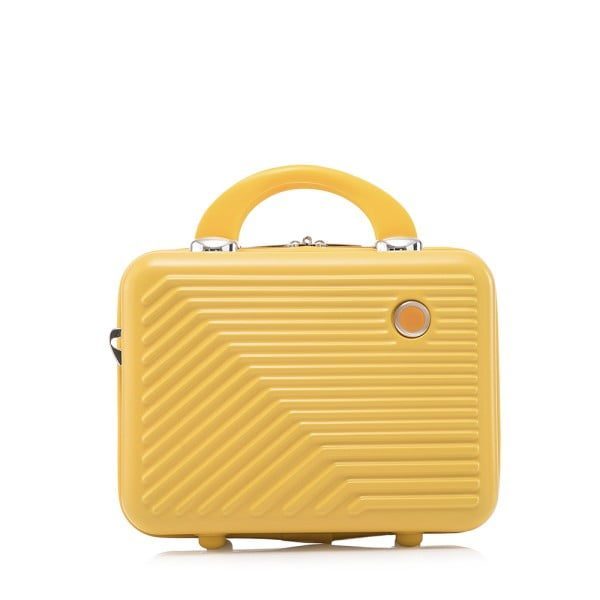 Set troler cabina cu geanta cosmetice, Quasar & Co.®, 55 x 39 x 23 cm, bagaj de mana, valiza cu cifru, maner telescopic lung, geamantan cu 4 roti duble silentioase 360°, 2 compartimente cu buzunar, model Meta, galben - imagine 5