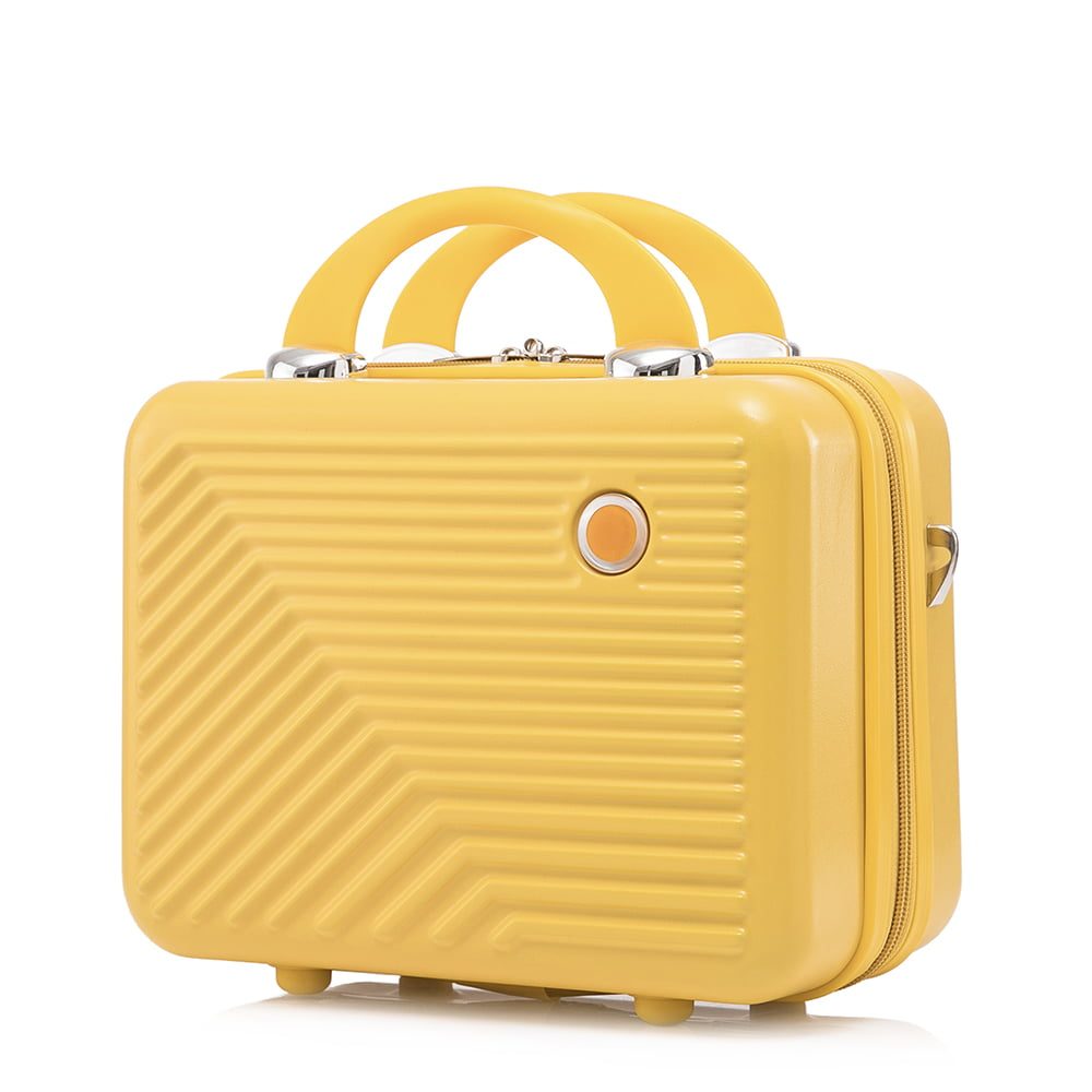 Set troler cabina cu geanta cosmetice, Quasar & Co.®, 55 x 39 x 23 cm, bagaj de mana, valiza cu cifru, maner telescopic lung, geamantan cu 4 roti duble silentioase 360°, 2 compartimente cu buzunar, model Meta, galben 6