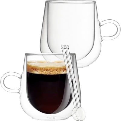 Set 2 cani cu pereti dubli cu 2 lingurite, Quasar & Co.®, sticla termorezistenta, 250 ml, transparent 7
