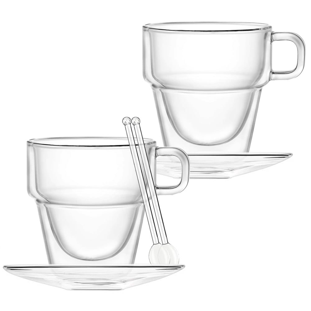 Set 2 cesti si 2 farfurioare si 2 lingurite, Quasar & Co.®, cana 250 ml cu pereti dubli, farfurioara 10.5 cm, lingurite sticla, termorezistenta, transparent 2