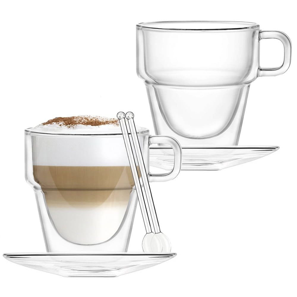 Set 2 cesti si 2 farfurioare si 2 lingurite, Quasar & Co.®, cana 250 ml cu pereti dubli, farfurioara 10.5 cm, lingurite sticla, termorezistenta, transparent
