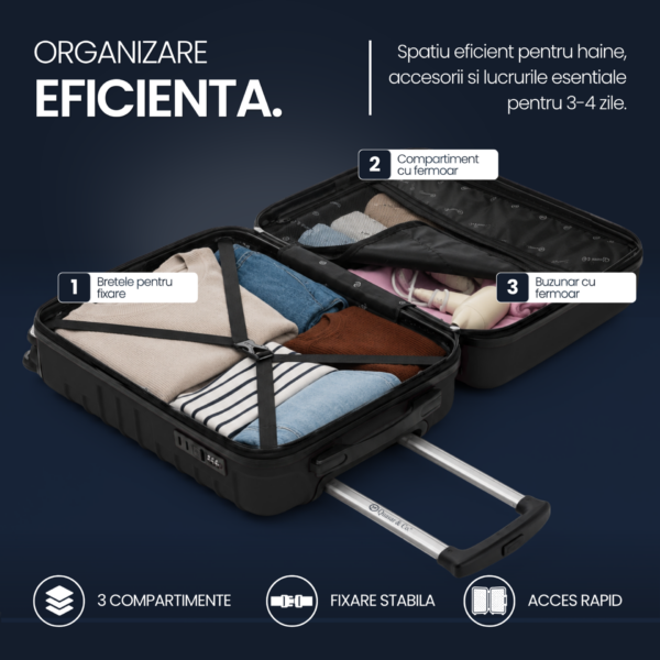 Set 2 trolere cabina, Quasar & Co.®, 40x30x20 cm cu roti detasabile si 55x38x21 cm, bagaj de mana, troller cu fermoar antifurt, cifru, maner telescopic lung, geamantan 4 roti duble 360°, valiza ABS 2.8 mm rezistent, 10kg, LINE, Negru - imagine 9