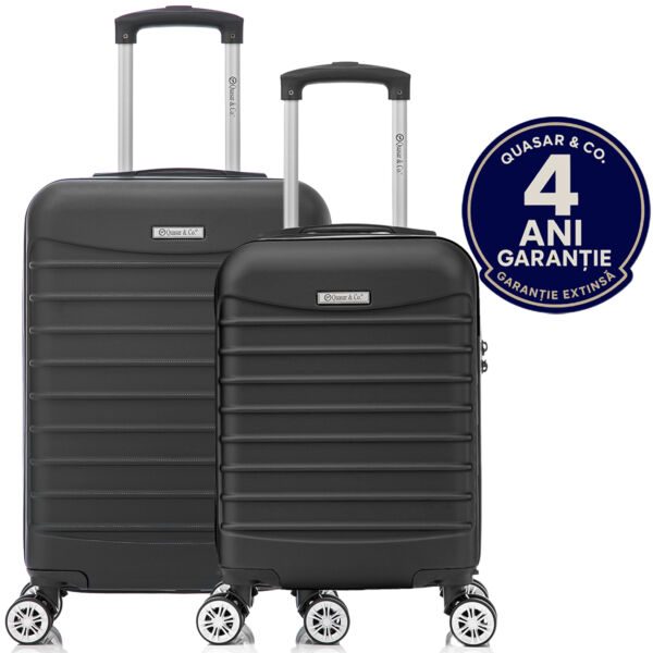 Set 2 trolere cabina, Quasar & Co.®, 40x30x20 cm cu roti detasabile si 55x36x20 cm, bagaj de mana, troller cu fermoar antifurt, cifru, maner telescopic lung, geamantan 4 roti duble 360°, valiza ABS 2.8 mm rezistent, 10kg, LINE, Negru Trolere cabina 2026-04-18 2