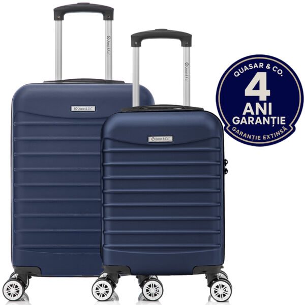 Set 2 trolere cabina, Quasar & Co.®, 40x30x20 cm cu roti detasabile si 55x36x20 cm, bagaj de mana, troller cu fermoar antifurt, cifru, maner telescopic lung, geamantan 4 roti duble 360°, valiza ABS 2.8 mm rezistent, 10kg, LINE, Bleumarin Trolere cabina 2026-04-18 2
