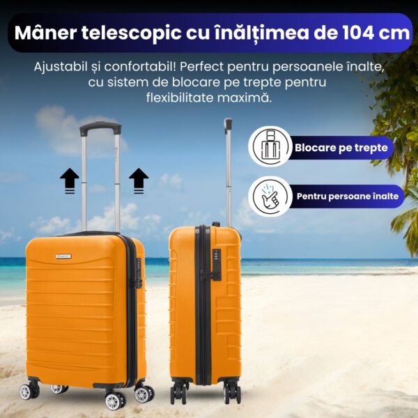 Troler cabina avion Quasar & Co.®, 55x36x20cm, bagaj de mana, troller cu fermoar antifurt, cifru, maner telescopic lung, geamantan cu 4 roti duble silentioase 360°, valiza ABS 2.8 mm, rezistent, 2 compartimente cu buzunar, 10kg, LINE, portocaliu - imagine 5