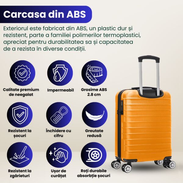 Troler cabina avion Quasar & Co.®, 55x36x20cm, bagaj de mana, troller cu fermoar antifurt, cifru, maner telescopic lung, geamantan cu 4 roti duble silentioase 360°, valiza ABS 2.8 mm, rezistent, 2 compartimente cu buzunar, 10kg, LINE, portocaliu - imagine 6