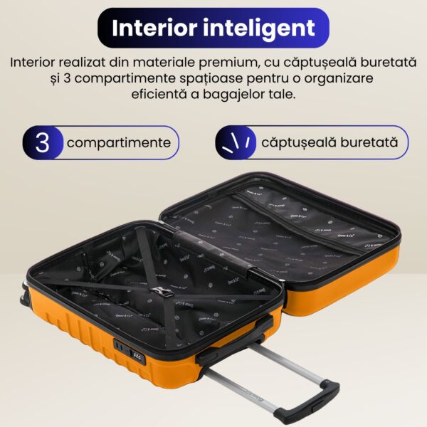 Troler cabina avion Quasar & Co.®, 55x36x20cm, bagaj de mana, troller cu fermoar antifurt, cifru, maner telescopic lung, geamantan cu 4 roti duble silentioase 360°, valiza ABS 2.8 mm, rezistent, 2 compartimente cu buzunar, 10kg, LINE, portocaliu - imagine 7