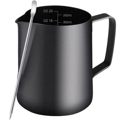 Set latiera pentru spumare lapte cu gradatie si stilou pentru decorare, Quasar & Co.®, cu maner si cioc, cana barista, inox, 350 ml, negru 11