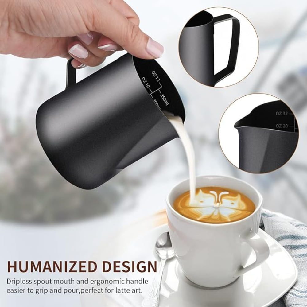 Set latiera pentru spumare lapte cu gradatie si stilou pentru decorare, Quasar & Co.®, cu maner si cioc, cana barista, inox, 350 ml, negru 4