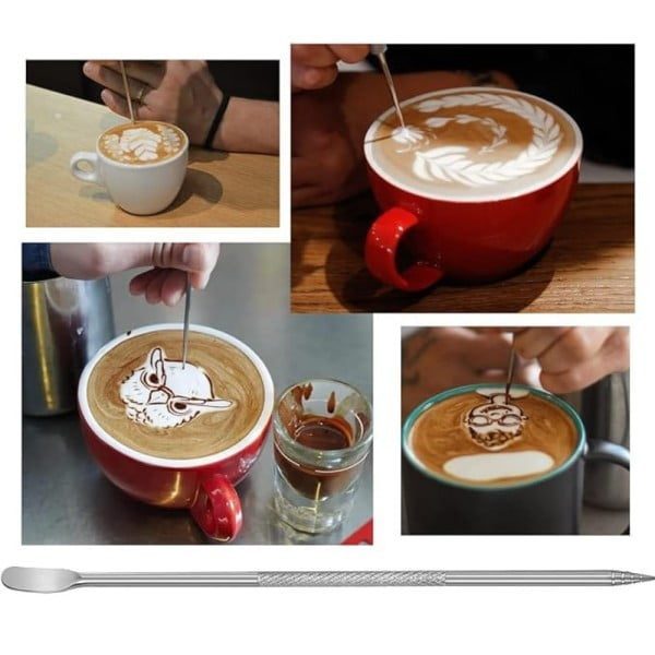 Set latiera pentru spumare lapte cu gradatie si stilou pentru decorare, Quasar & Co.®, cu maner si cioc, cana barista, inox, 350 ml, negru - imagine 5