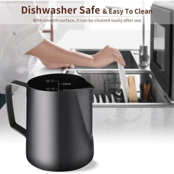Set latiera pentru spumare lapte cu gradatie si stilou pentru decorare, Quasar & Co.®, cu maner si cioc, cana barista, inox, 350 ml, negru - imagine 7