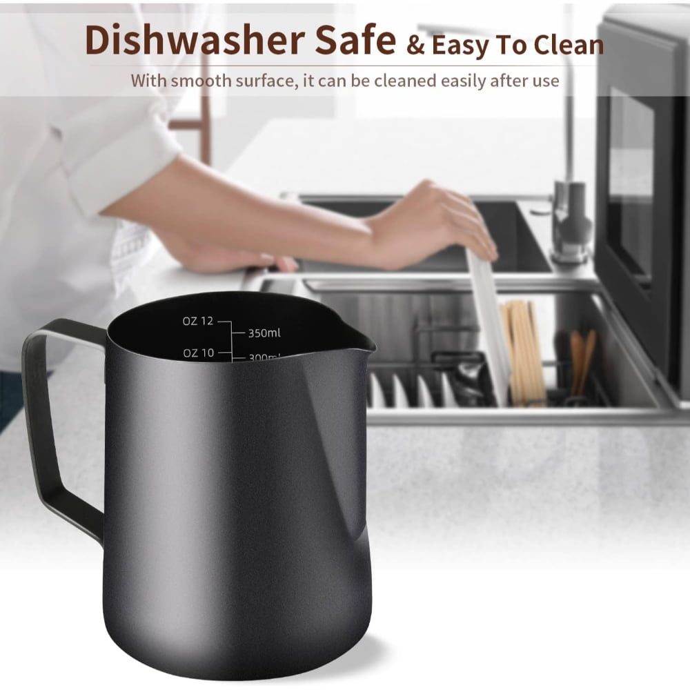 Set latiera pentru spumare lapte cu gradatie si stilou pentru decorare, Quasar & Co.®, cu maner si cioc, cana barista, inox, 350 ml, negru 7