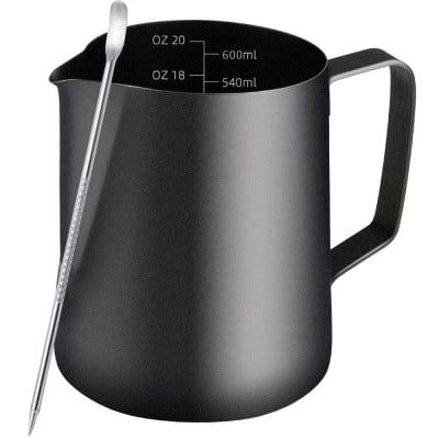 Set latiera pentru spumare lapte cu gradatie si stilou pentru decorare, Quasar & Co.®, cu maner si cioc, cana barista, inox, 600 ml, negru 11 Set latiera pentru spumare lapte cu gradatie si stilou pentru decorare, Quasar & Co.®, cu maner si cioc, cana barista, inox, 600 ml, negru 11
