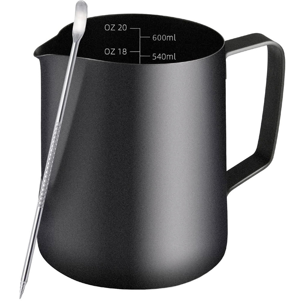 43041198-1 Set latiera pentru spumare lapte cu gradatie si stilou pentru decorare, Quasar & Co.®, cu maner si cioc, cana barista, inox, 600 ml, negru