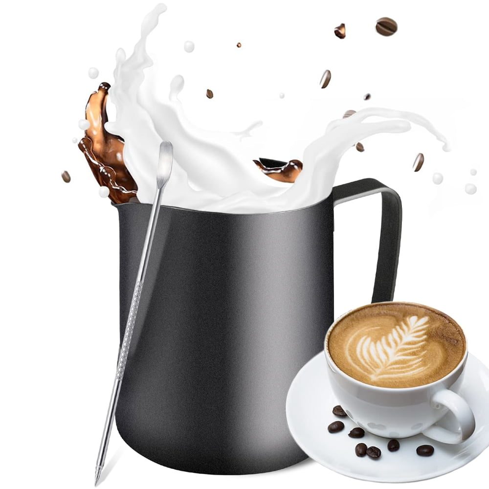 Set latiera pentru spumare lapte cu gradatie si stilou pentru decorare, Quasar & Co.®, cu maner si cioc, cana barista, inox, 600 ml, negru 2 Set latiera pentru spumare lapte cu gradatie si stilou pentru decorare, Quasar & Co.®, cu maner si cioc, cana barista, inox, 600 ml, negru 2