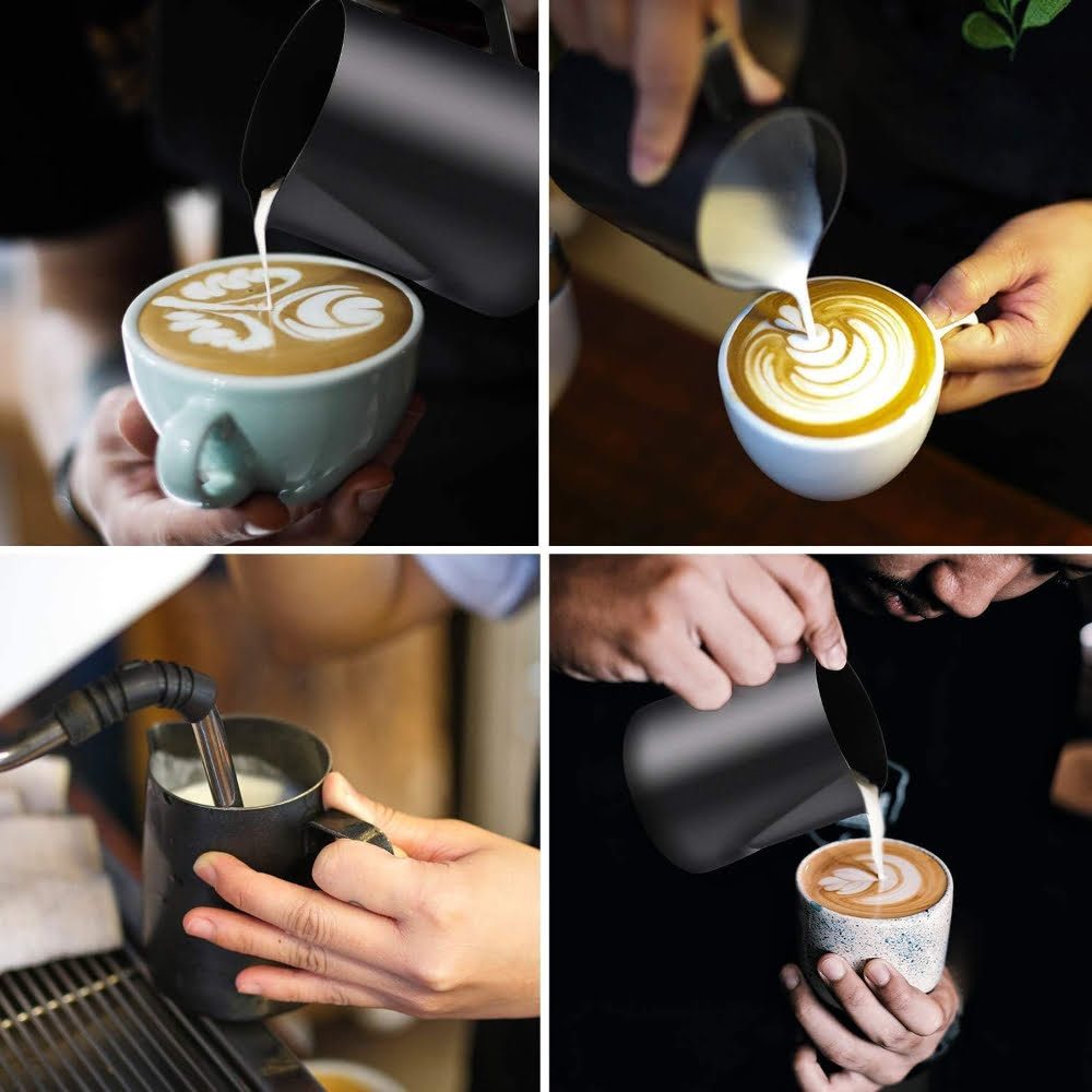 Set latiera pentru spumare lapte cu gradatie si stilou pentru decorare, Quasar & Co.®, cu maner si cioc, cana barista, inox, 600 ml, negru 9 Set latiera pentru spumare lapte cu gradatie si stilou pentru decorare, Quasar & Co.®, cu maner si cioc, cana barista, inox, 600 ml, negru 9