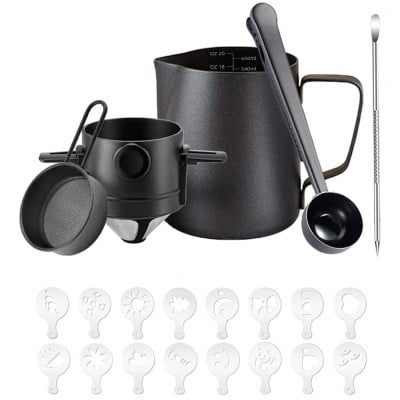 Set cafea portabil, Quasar & Co.®, cu filtru cafea, latiera, lingurita dozatoare, sita, stilou si matrite decorare, 600 ml, otel inoxidabil, negru 11