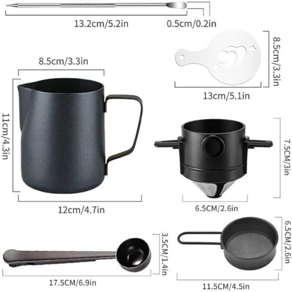 Set cafea portabil, Quasar & Co.®, cu filtru cafea, latiera, lingurita dozatoare, sita, stilou si matrite decorare, 600 ml, otel inoxidabil, negru - imagine 3