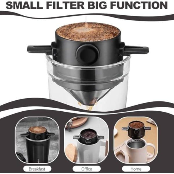 Set cafea portabil, Quasar & Co.®, cu filtru cafea, latiera, lingurita dozatoare, sita, stilou si matrite decorare, 600 ml, otel inoxidabil, negru - imagine 5