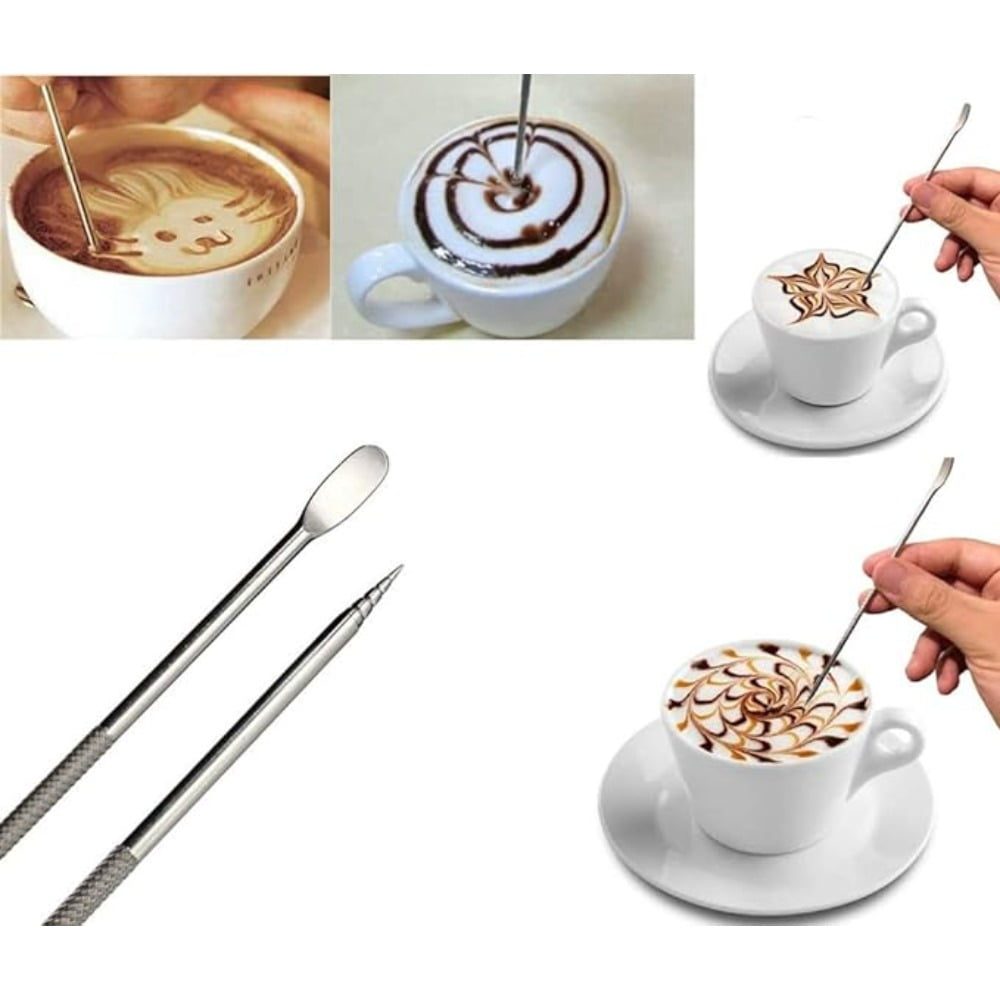 Set cafea portabil, Quasar & Co.®, cu filtru cafea, latiera, lingurita dozatoare, sita, stilou si matrite decorare, 600 ml, otel inoxidabil, negru 9