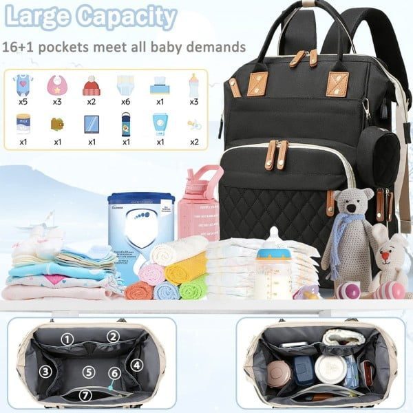 Set geanta/rucsac si saltea pentru infasat, Quasar & Co.®, cu port USB si 14 compartimente, textil, 40 x 30 x 14 cm, negru - imagine 3