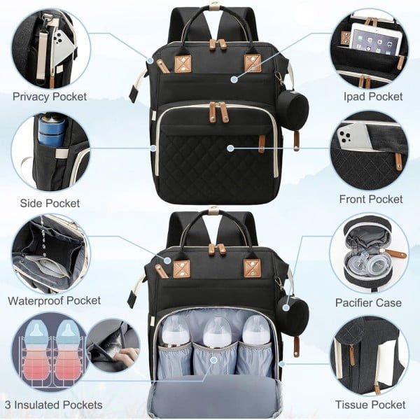 Set geanta/rucsac si saltea pentru infasat, Quasar & Co.®, cu port USB si 14 compartimente, textil, 40 x 30 x 14 cm, negru - imagine 4