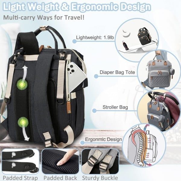 Set geanta/rucsac si saltea pentru infasat, Quasar & Co.®, cu port USB si 14 compartimente, textil, 40 x 30 x 14 cm, negru - imagine 6