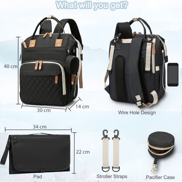 Set geanta/rucsac si saltea pentru infasat, Quasar & Co.®, cu port USB si 14 compartimente, textil, 40 x 30 x 14 cm, negru - imagine 7