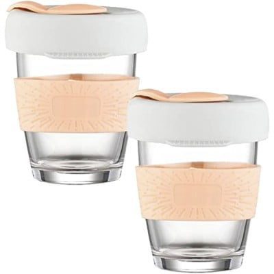 Set 2 pahare cafea/ceai, Quasar & Co.®, model To Go, cu protectie termica si capac din silicon, sticla, 320 ml, alb/corai 6 Set 2 pahare cafea/ceai, Quasar & Co.®, model To Go, cu protectie termica si capac din silicon, sticla, 320 ml, alb/corai 6