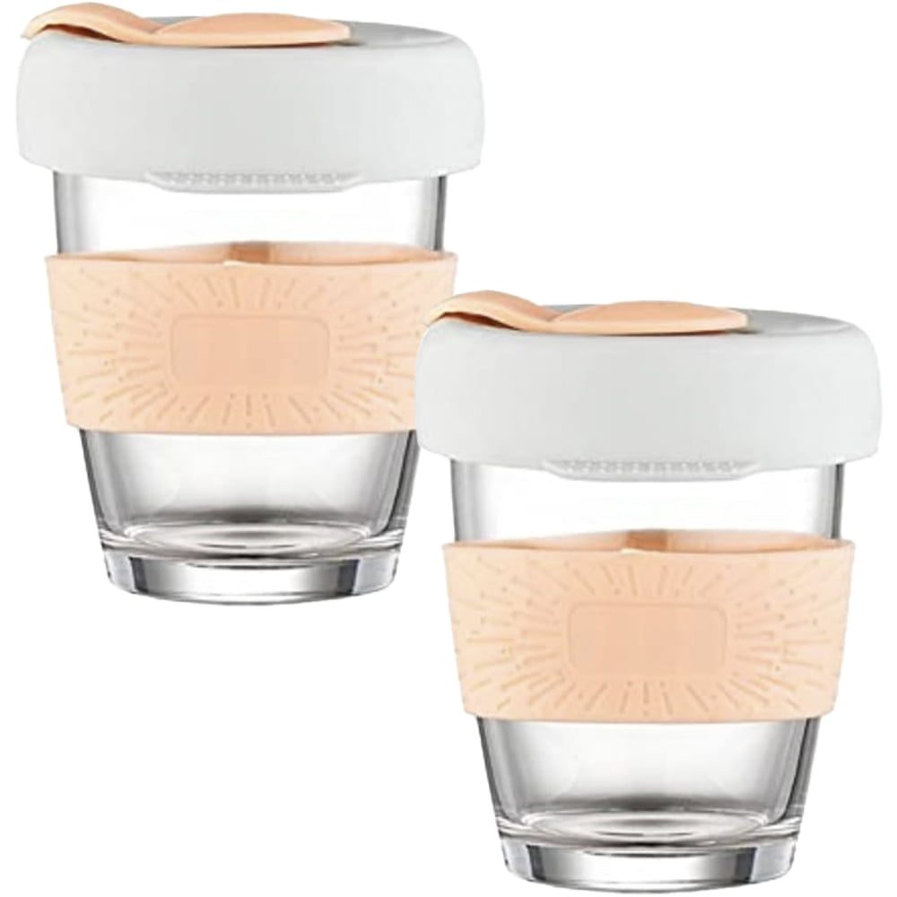 43041218-1 Set 2 pahare cafea/ceai, Quasar & Co.®, model To Go, cu protectie termica si capac din silicon, sticla, 320 ml, alb/corai