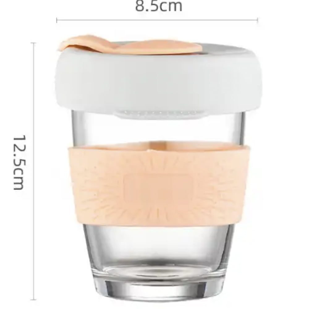 Set 2 pahare cafea/ceai, Quasar & Co.®, model To Go, cu protectie termica si capac din silicon, sticla, 320 ml, alb/corai 2 Set 2 pahare cafea/ceai, Quasar & Co.®, model To Go, cu protectie termica si capac din silicon, sticla, 320 ml, alb/corai 2