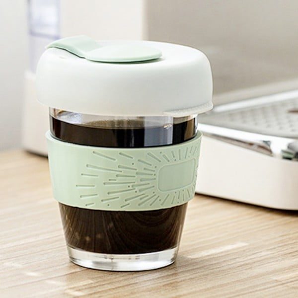 Set 2 pahare cafea/ceai, Quasar & Co.®, model To Go, cu protectie termica si capac din silicon, sticla, 320 ml, verde/corai - imagine 5
