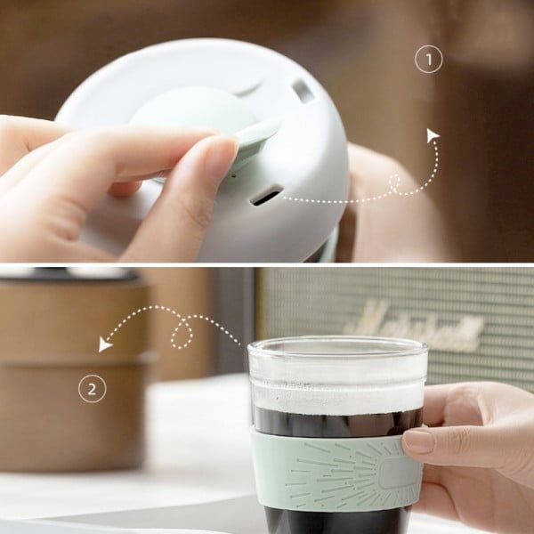Set 2 pahare cafea/ceai, Quasar & Co.®, model To Go, cu protectie termica si capac din silicon, sticla, 320 ml, verde/corai - imagine 6