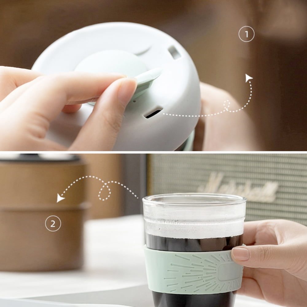 Set 2 pahare cafea/ceai, Quasar & Co.®, model To Go, cu protectie termica si capac din silicon, sticla, 320 ml, verde/corai 6 Set 2 pahare cafea/ceai, Quasar & Co.®, model To Go, cu protectie termica si capac din silicon, sticla, 320 ml, verde/corai 6