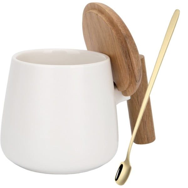 Set cana cafea/ceai si lingurita, Quasar & Co.®, cu capac si maner bambus, lingurita, ceramica, 350 ml, alb - imagine 1