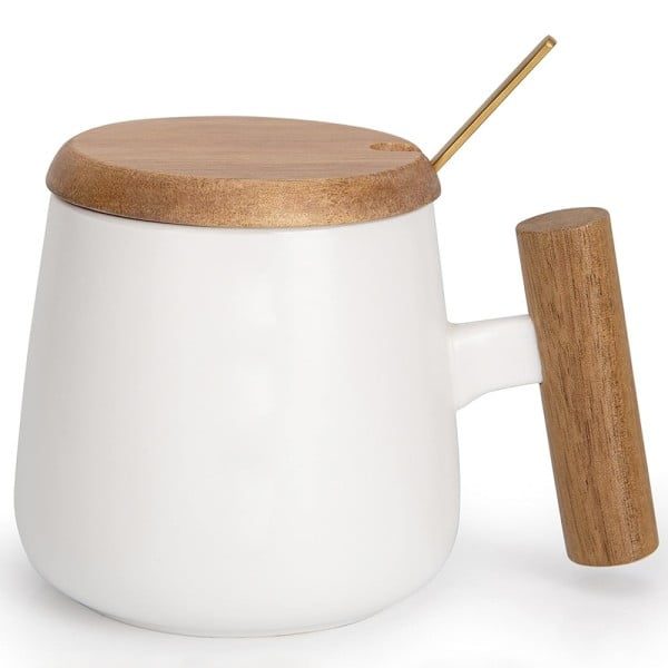 Set cana cafea/ceai si lingurita, Quasar & Co.®, cu capac si maner bambus, lingurita, ceramica, 350 ml, alb - imagine 2