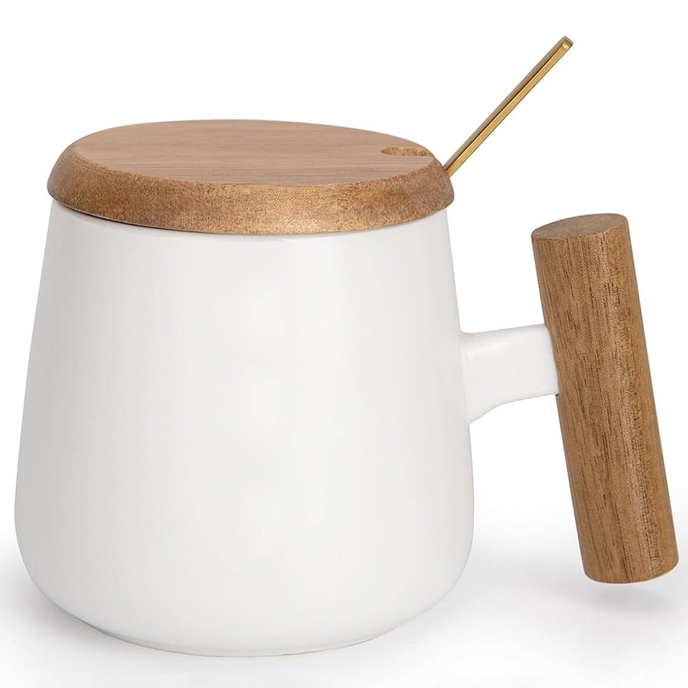 Set cana cafea/ceai si lingurita, Quasar & Co.®, cu capac si maner bambus, lingurita, ceramica, 350 ml, alb 2