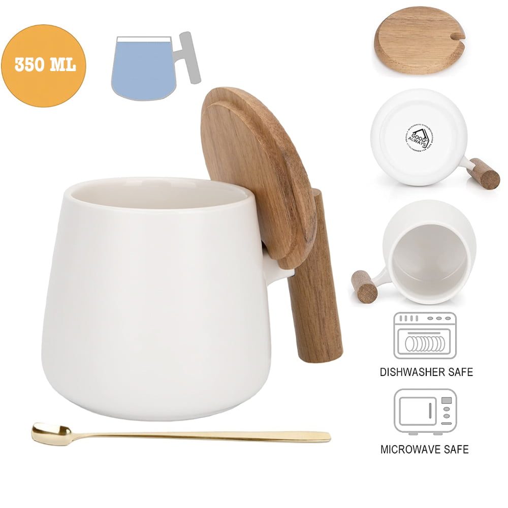 Set cana cafea/ceai si lingurita, Quasar & Co.®, cu capac si maner bambus, lingurita, ceramica, 350 ml, alb 3
