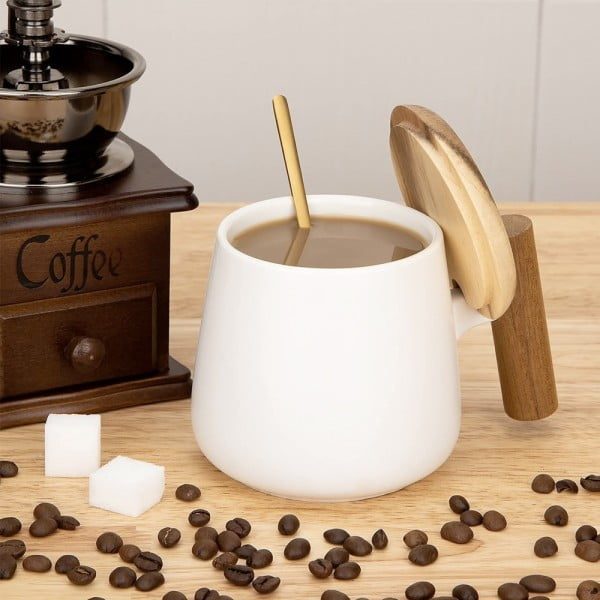 Set cana cafea/ceai si lingurita, Quasar & Co.®, cu capac si maner bambus, lingurita, ceramica, 350 ml, alb - imagine 4