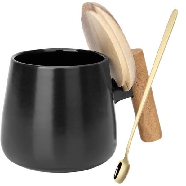 Set cana cafea/ceai si lingurita, Quasar & Co.®, cu capac si maner bambus, lingurita, ceramica, 350 ml, negru - imagine 1