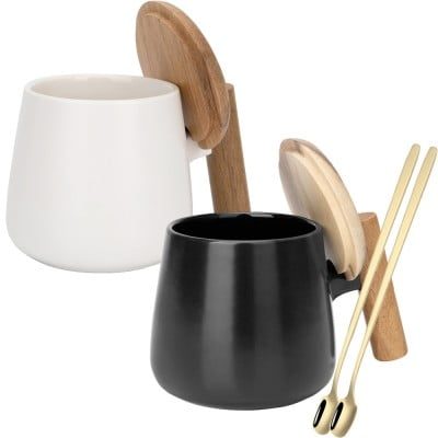 Set 2 cani cafea/ceai si lingurita, Quasar & Co.®, cu capac si maner bambus, lingurita inox, ceramica, 350 ml, alb/negru 9 Set 2 cani cafea/ceai si lingurita, Quasar & Co.®, cu capac si maner bambus, lingurita inox, ceramica, 350 ml, alb/negru 9