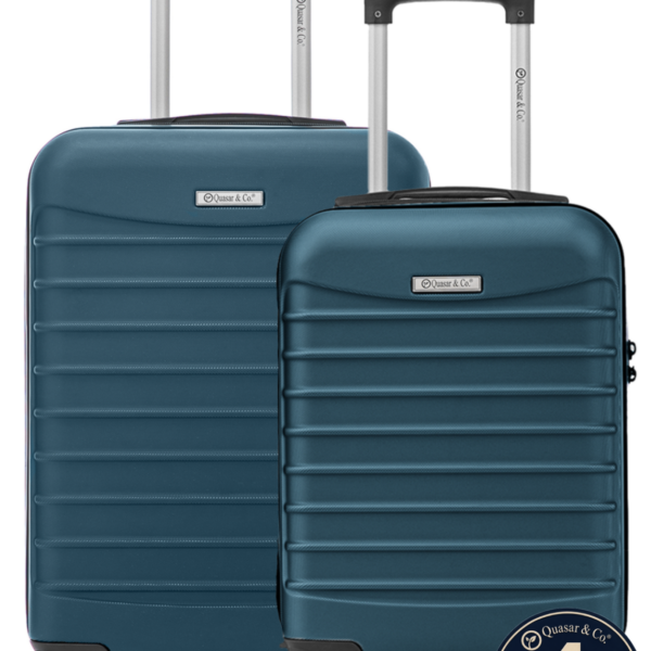 Set 2 trolere cabina, Quasar & Co.®, 40x30x20 cm cu roti detasabile si 55x38x21 cm, bagaj de mana, troller cu fermoar antifurt, cifru, maner telescopic lung, geamantan 4 roti duble 360°, valiza ABS 2.8 mm rezistent, 10kg, LINE, Albastru petrol