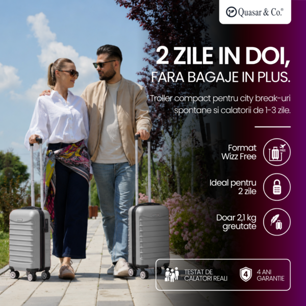 Troler cabina avion Quasar & Co.®, 40x30x20cm, bagaj de mana, troller cu fermoar sigur, cifru, maner telescopic lung, geamantan cu 4 roti duble, detasabile, 360°, valiza ABS 2.8 mm, rezistent, 2 compartimente cu buzunar, 10kg, LINE, argintiu