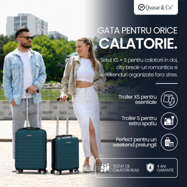Set 2 trolere cabina, Quasar & Co.®, 40x30x20 cm cu roti detasabile si 55x38x21 cm, bagaj de mana, troller cu fermoar antifurt, cifru, maner telescopic lung, geamantan 4 roti duble 360°, valiza ABS 2.8 mm rezistent, 10kg, LINE, Albastru petrol