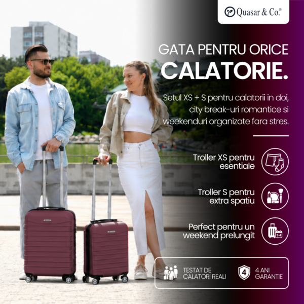 Set 2 trolere cabina, Quasar & Co.®, 40x30x20 cm cu roti detasabile si 55x38x21 cm, bagaj de mana, troller cu fermoar antifurt, cifru, maner telescopic lung, geamantan 4 roti duble 360°, valiza ABS 2.8 mm rezistent, 10kg, LINE, Visiniu Set 2 trolere cabina, Quasar & Co.®, 40x30x20 cm cu roti detasabile si 55x38x21 cm, bagaj de mana, troller cu fermoar antifurt, cifru, maner telescopic lung, geamantan 4 roti duble 360°, valiza ABS 2.8 mm rezistent, 10kg, LINE, Visiniu