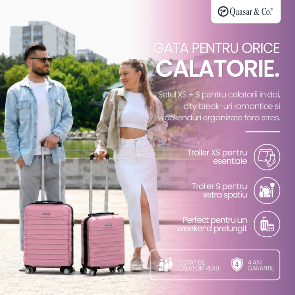 Set 2 trolere cabina, Quasar & Co.®, 40x30x20 cm cu roti detasabile si 55x38x21 cm, bagaj de mana, troller cu fermoar antifurt, cifru, maner telescopic lung, geamantan 4 roti duble 360°, valiza ABS 2.8 mm rezistent, 10kg, LINE, Roz pudrat Set 2 trolere cabina, Quasar & Co.®, 40x30x20 cm cu roti detasabile si 55x38x21 cm, bagaj de mana, troller cu fermoar antifurt, cifru, maner telescopic lung, geamantan 4 roti duble 360°, valiza ABS 2.8 mm rezistent, 10kg, LINE, Roz pudrat