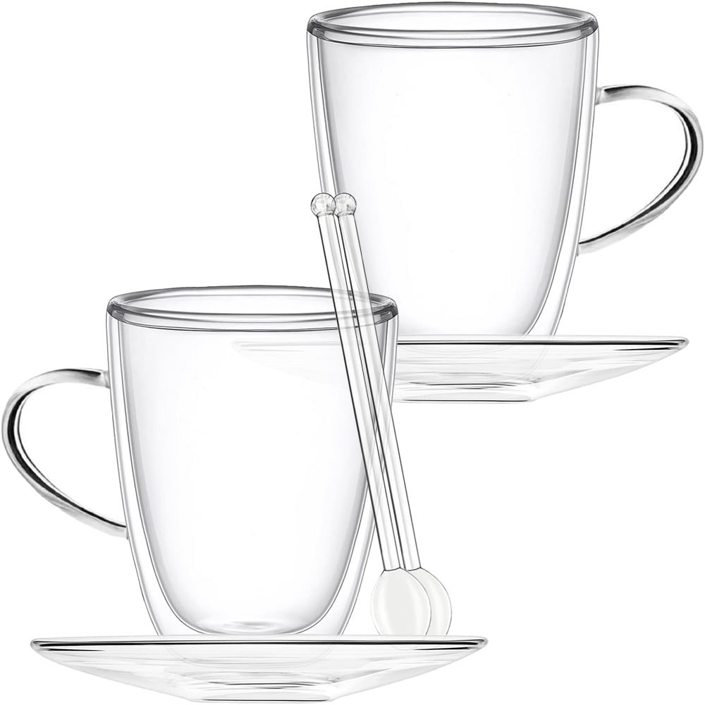 Set 2 cani si 2 farfurioare si 2 lingurite, Quasar & Co.®, farfurioara 10.5 cm, cana 350 ml cu pereti dubli, termorezistent, transparent 2 Set 2 cani si 2 farfurioare si 2 lingurite, Quasar & Co.®, farfurioara 10.5 cm, cana 350 ml cu pereti dubli, termorezistent, transparent 2