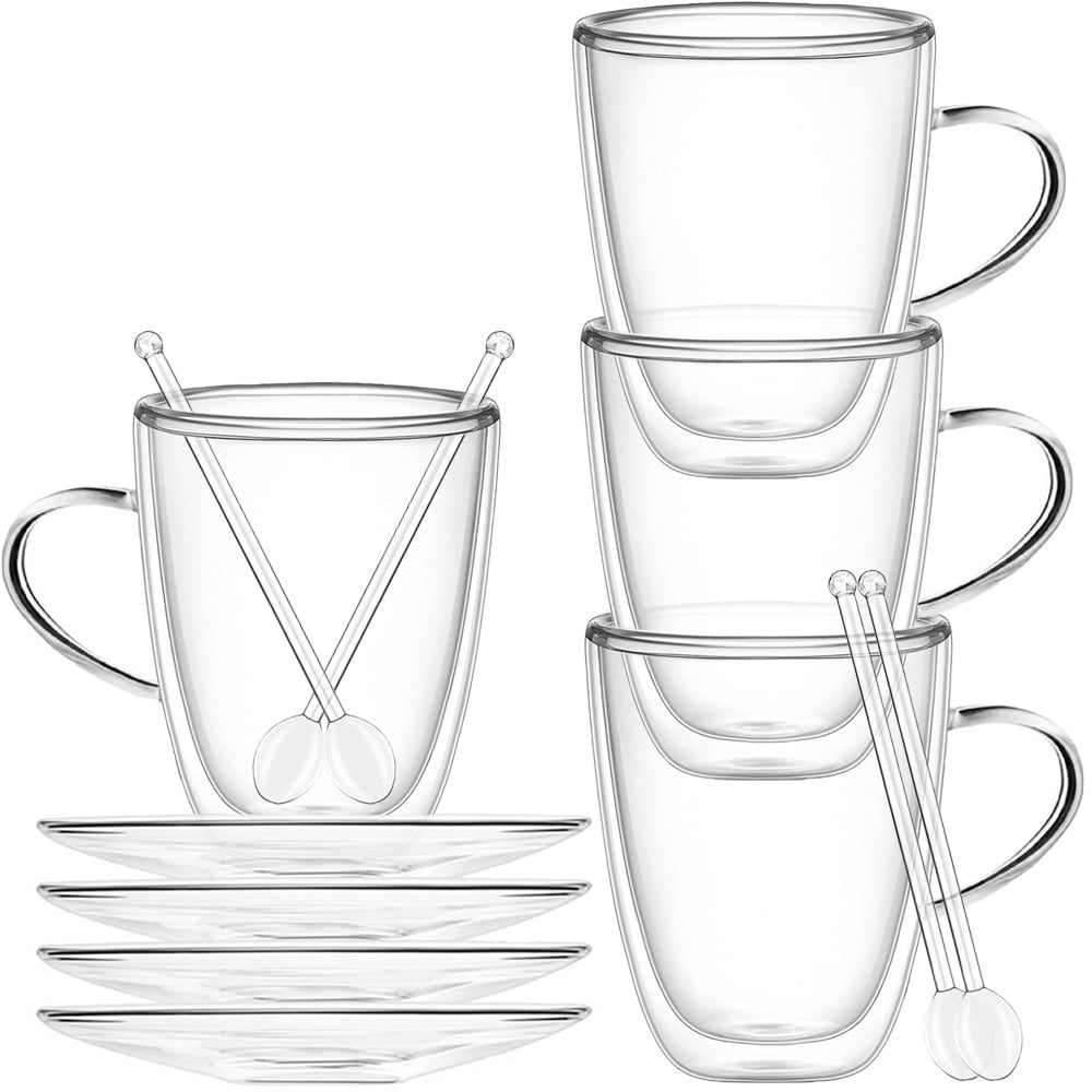 Set 4 cani si 4 farfurioare si 4 lingurite, Quasar & Co.®, farfurioara 10.5 cm, cana 350 ml cu pereti dubli, termorezistent, transparent 2