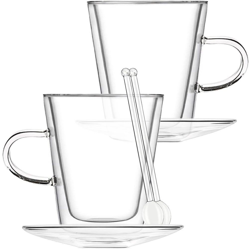 Set 2 cani si 2 farfurioare si 2 lingurite, Quasar & Co.®, model drept, cu pereti dubli, termorezistente, farfurioara 10.5 cm, sticla borosilicata, 250 ml, transparent 2